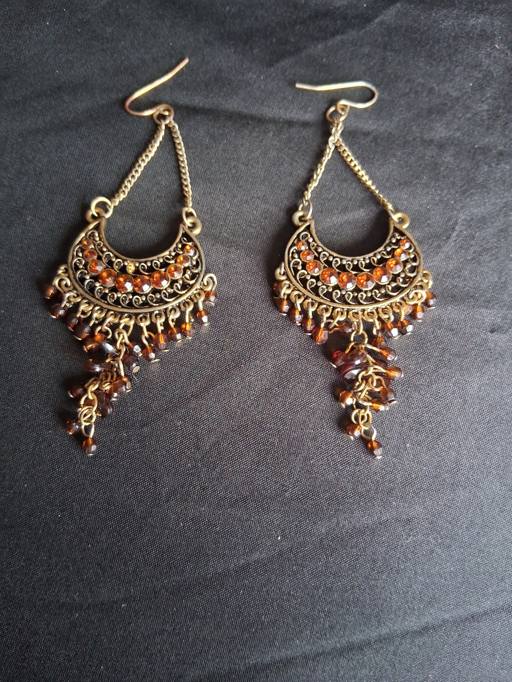 Amber Bead Chandelier Drop Earrings - Gold Tone